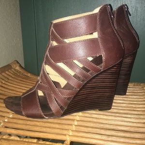 Nine West Caged Wedge Sandal, Brown Sz 10